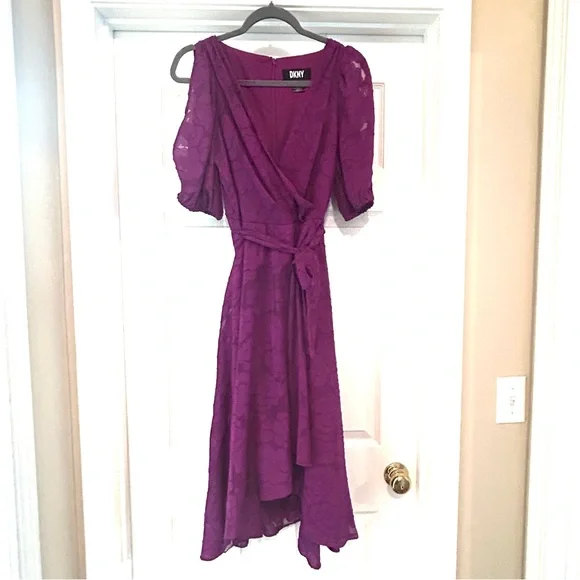 Dkny | Dresses | Dkny Womens Size 8 Purple Balloonsleeve Tiewaist Chiffon  Lace Midi Dress | Poshmark